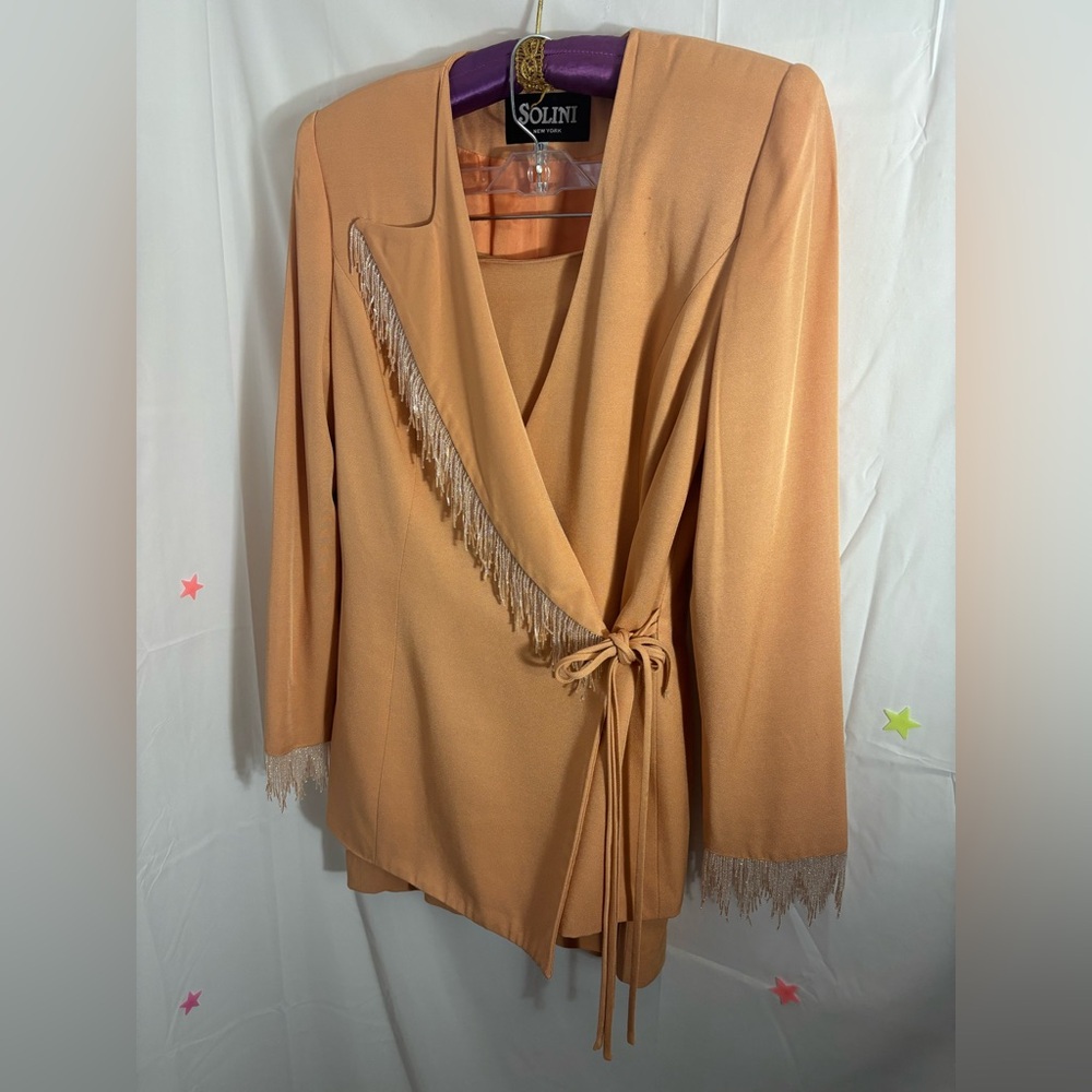 VTG Solini‎ New York Peach Western Beaded Fringe Blazer/Skirt Set Size 10